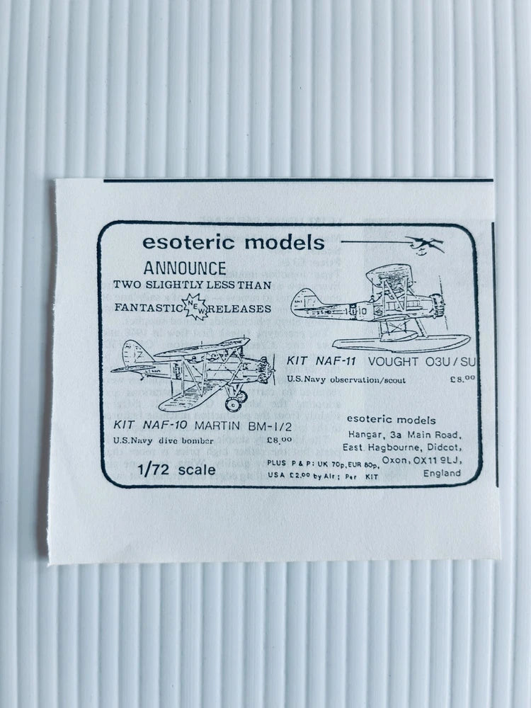 Vintage esoteric models print ad for Vought hobby airplane kit, NAF-11 O3U/SU