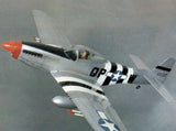 RC P-51D Mustang model airplane with red nose and black-white striped fuselage