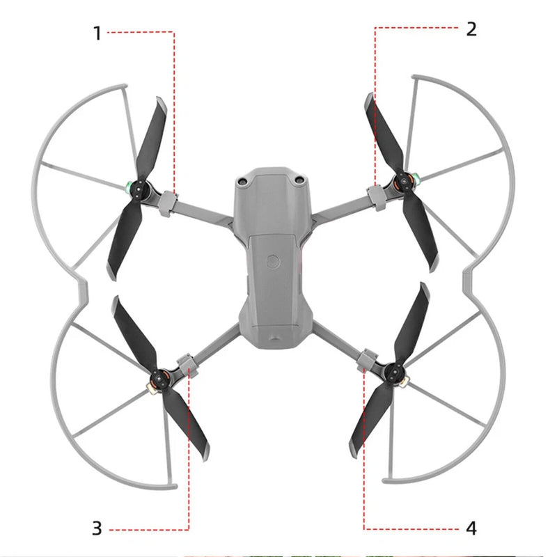 Drone propeller protection ring set with four guarded propellers and mounting frame