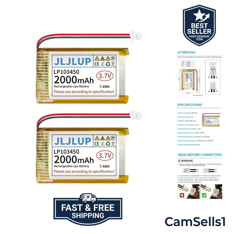 Safe and Reliable 2000mAh 3.7V Lipo Battery Pack - 2Pcs with Easy Installation Battery