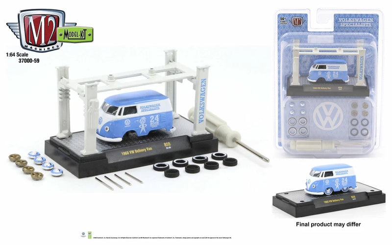 1:64 scale blue and white VW delivery van model kit with stand, parts, and tools