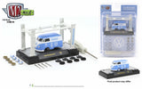 1:64 scale blue and white VW delivery van model kit with stand, parts, and tools