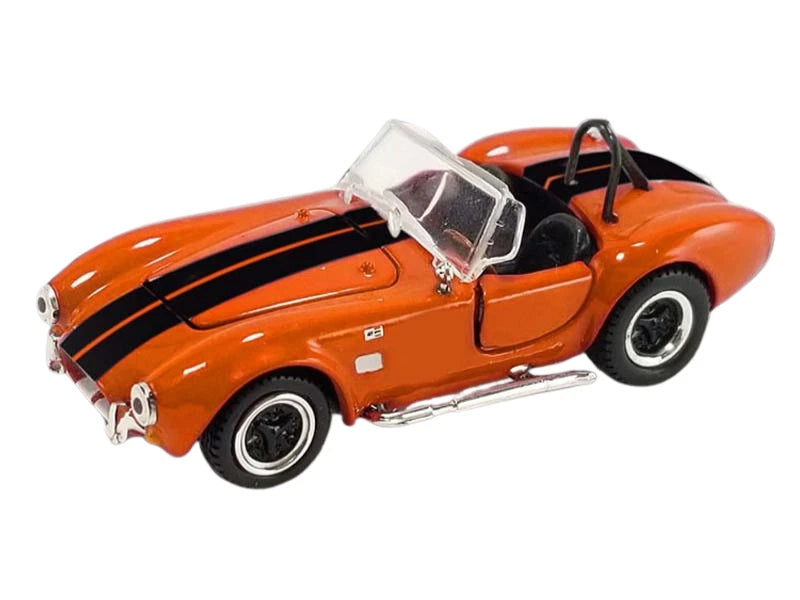 Orange 1:64 scale 1965 Shelby Cobra 427 S/C model with black racing stripes