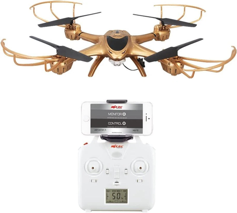 RC quadcopter drone with gold and black body and controller with screen
