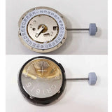 Quartz watch movement with hands, two views; CR1616 large Li battery with adjustment knob