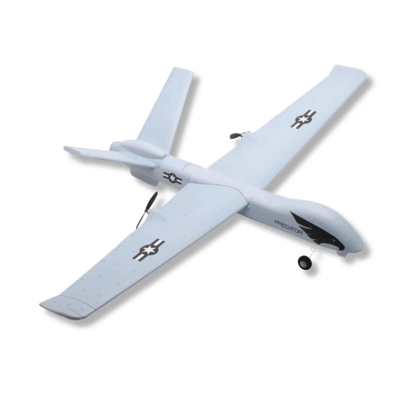 Toy RC glider airplane drone, light blue fuselage with black underside and nose