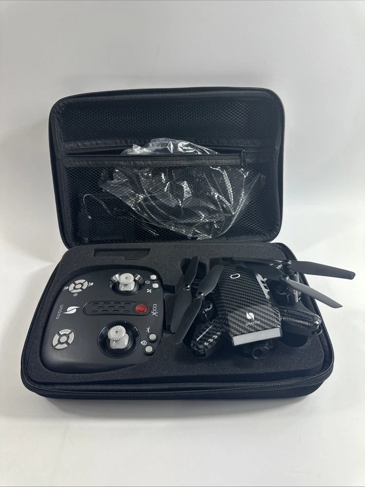 Foldable drone with camera and controller in hard zip case, black