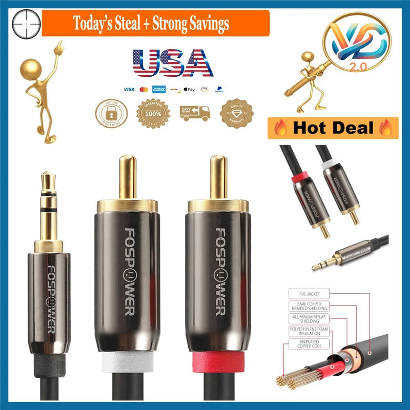 6FT RCA Audio Cable Male to Male 24K Gold Plated Stereo Aux Cord Braided