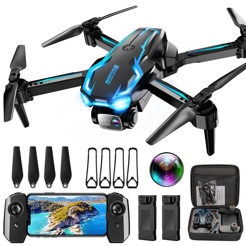 FPV drone with built-in camera, blue accents, and four propellers; includes remote and case