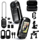 Mini action camera with 1.47in screen, charging case, mounts, cables, and accessories set