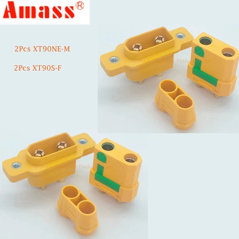 AMASS XT90 anti-spark connectors set, yellow plugs with green insert and mounting holes