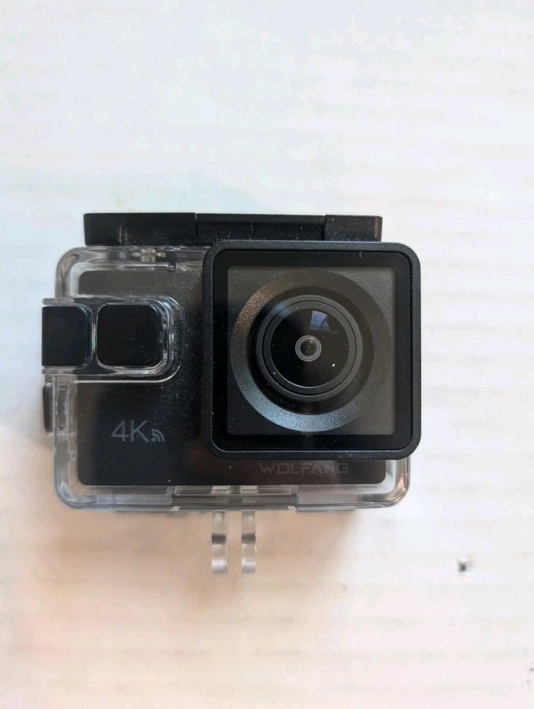 GoPro action camera in transparent waterproof housing with front lens and buttons
