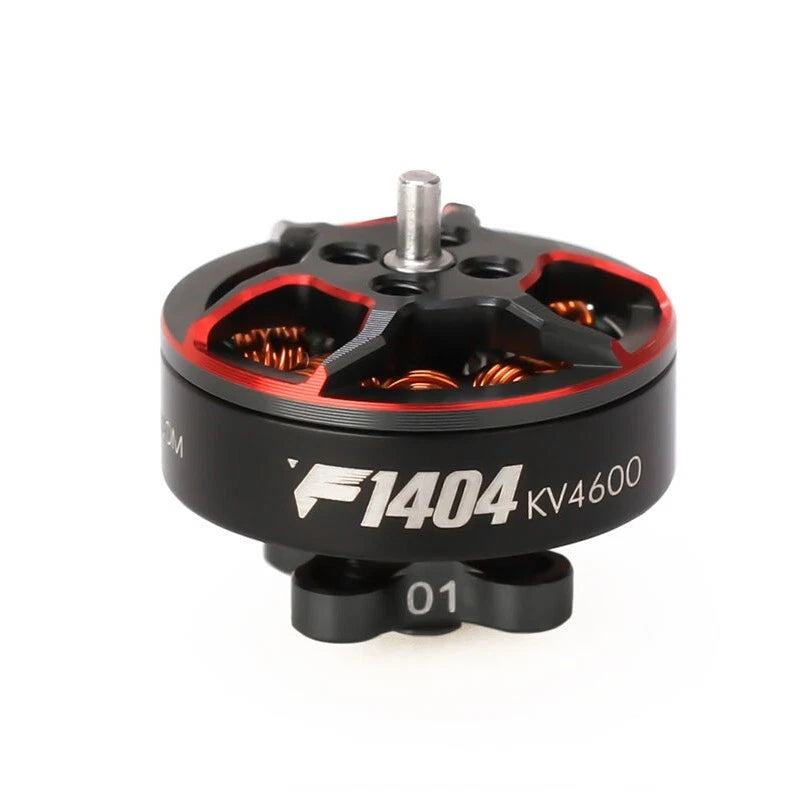 Black F1404 KV4600 FPV brushless drone motor with red accents, mounting posts