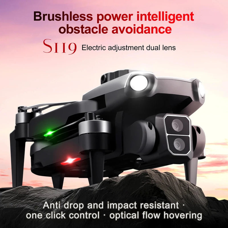 Black mini FPV quadcopter drone with front dual cameras and four propellers