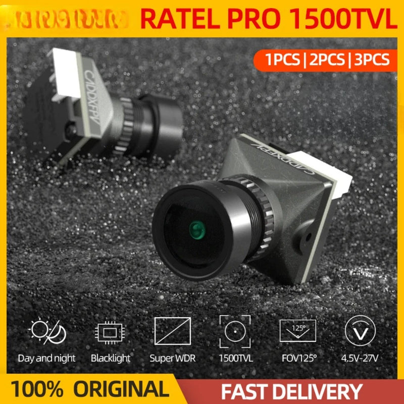 FPV camera in black and silver with wide lens, RATEL PRO 1500TVL