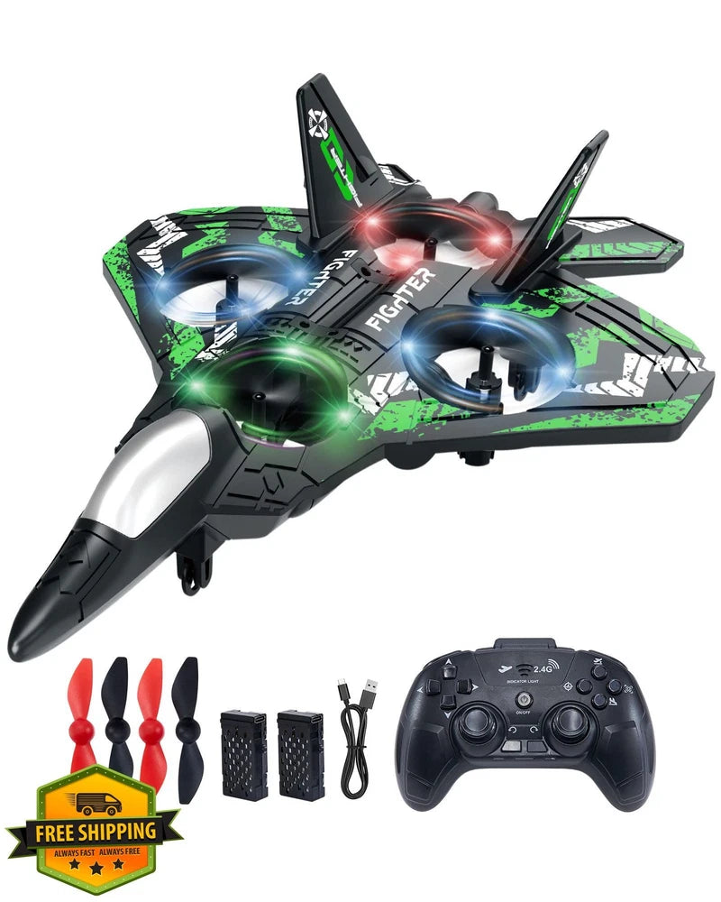 Green LED RC plane toy with remote controller, spare batteries, and propellers