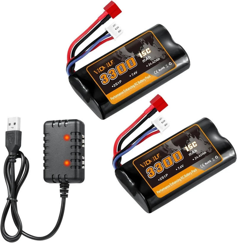 7.4V 3300mAh Li-ion RC Battery with Deans T Plug + USB Charger 2S Pack Battery