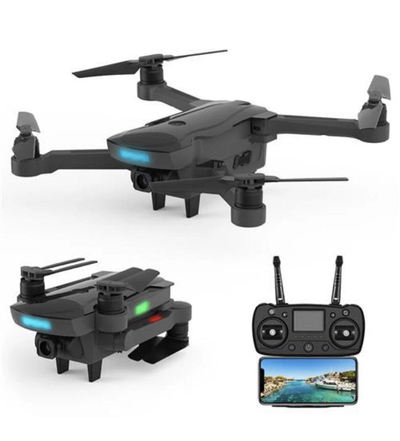 Foldable quadcopter drone with remote controller and screen, black gray body
