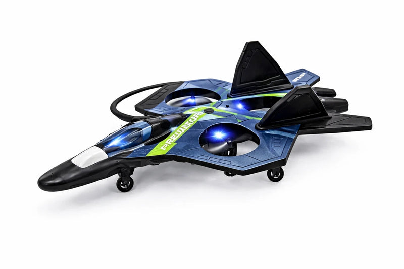 Blue and black RC jet drone with LED lights, remote-control aircraft toy for kids
