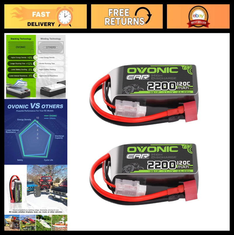 2 Packs 3S LiPo Battery 11.1V 2200mAh 120C T Plug for RC Cars, Trucks, Airplanes Battery