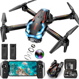 Quadcopter drone with camera, LED lights, remote controller screen, and carry case