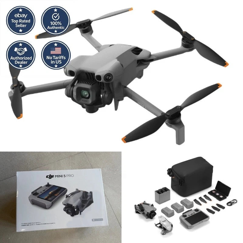 DJI Mini 5 Pro drone kit with controller, batteries, and accessories