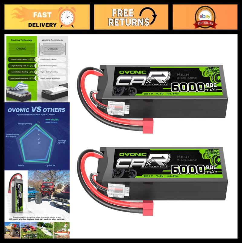 High-Performance 6000mAh 80C 2S 7.4V Lipo Battery Hardcase for RC Cars, Airplane Battery