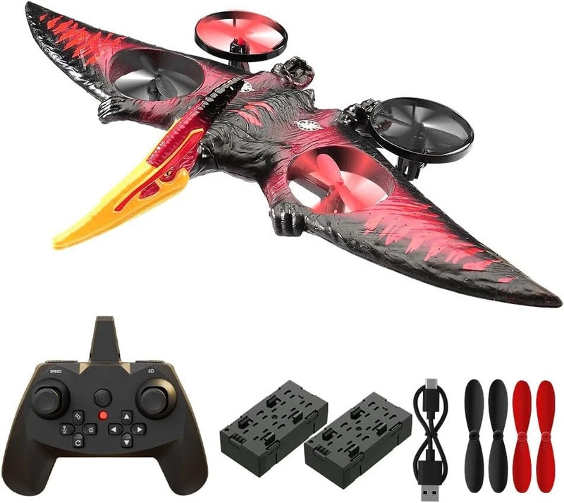 Red pterosaur RC drone with propellers and black remote controller and battery packs kit