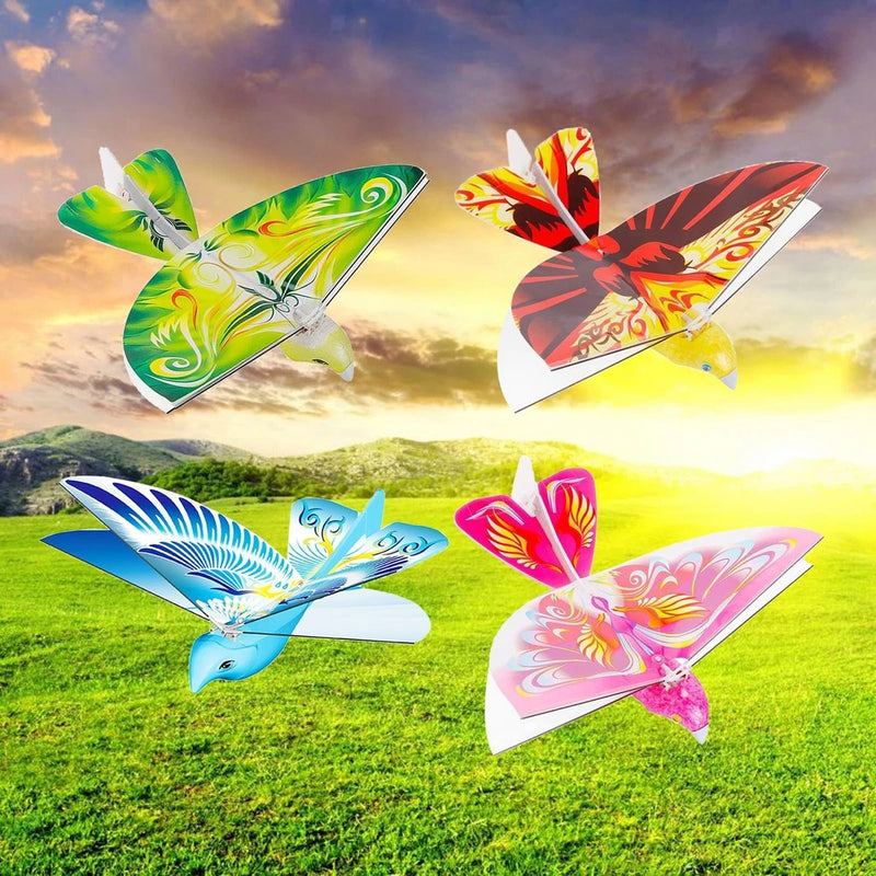Flying bird drone toy, colorful butterfly-wing design, four models shown
