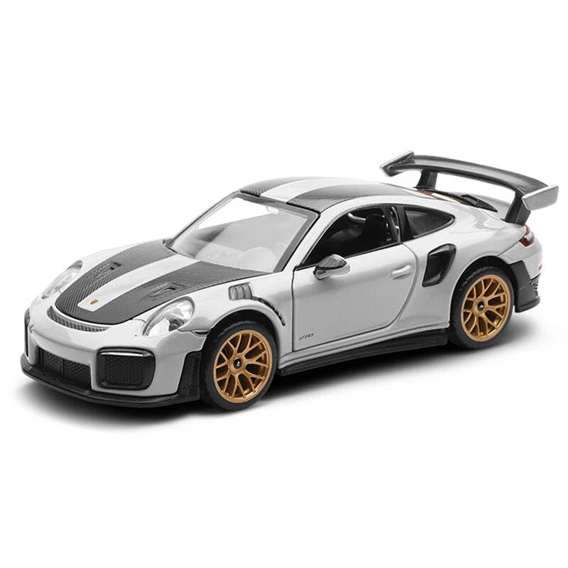 1:32 Porsche 911 GT2 RS diecast model car, gray with black front and gold wheels
