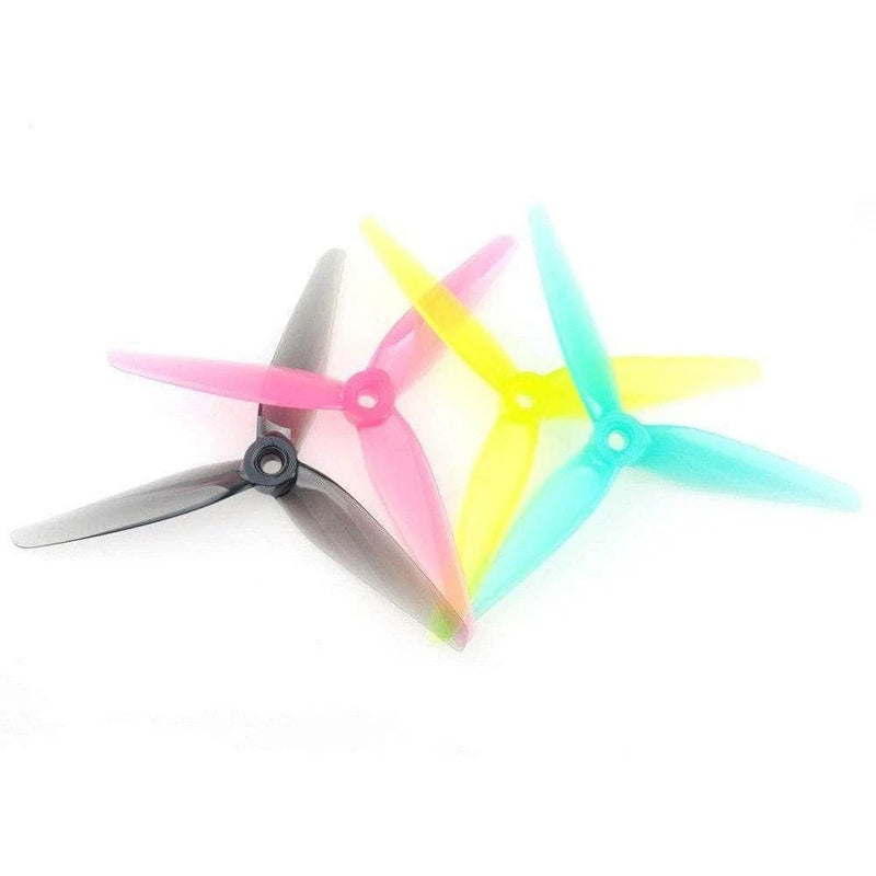 Tri-blade FPV drone racing prop set with colored blades—pink, yellow, cyan, and gray, 4-pack