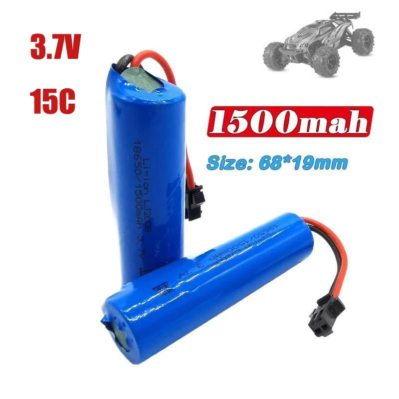 Two 3.7V 1500mAh LiPo RC battery cells with red/black leads and connectors
