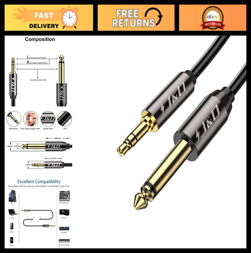 6.35mm to 3.5mm TRS Cable - Gold-Plated 1/4" to 1/8" Male Stereo Aux Adapter, 10