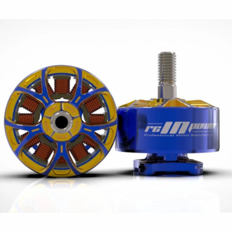RCIN brushless motor with blue and gold stator bell and mounting shaft