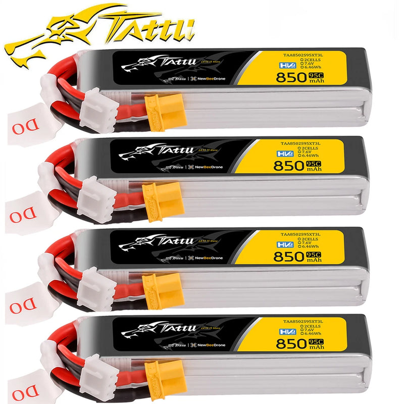 4X Tattu 850mAh 7.6V HV 95C 2S Lipo Battery Long XT30plug For FPV 100-180mm Size Battery