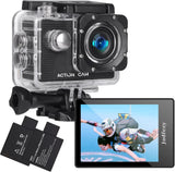 Waterproof action camera kit with clear housing, black camera, mounted screen
