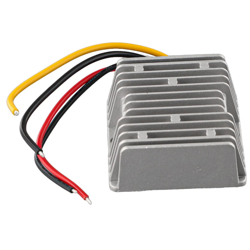 DC to 12V DC step-down converter with aluminum heatsink and colored wiring leads