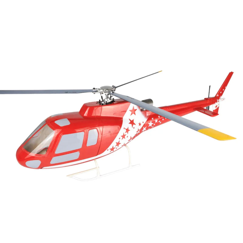 Red and white RC helicopter model with star decals, main rotor and tail rotor