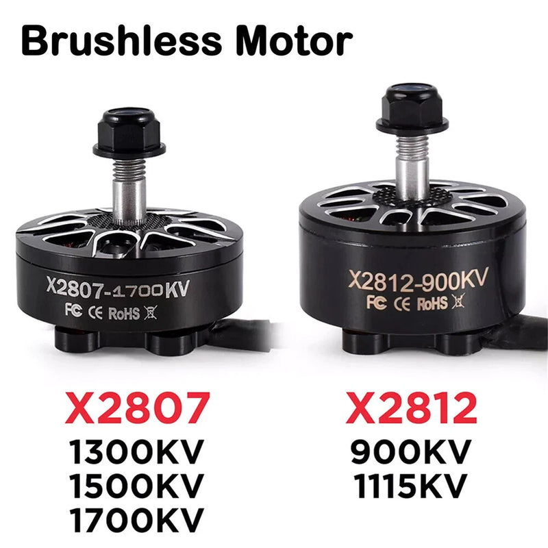 Brushless RC drone motors, black housings with silver shafts; labels X2807 and X2812