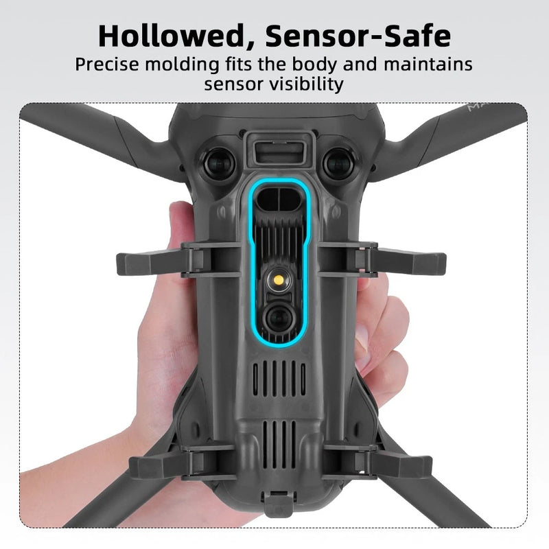 Drone landing gear protector with front sensor window and textured mounting arms