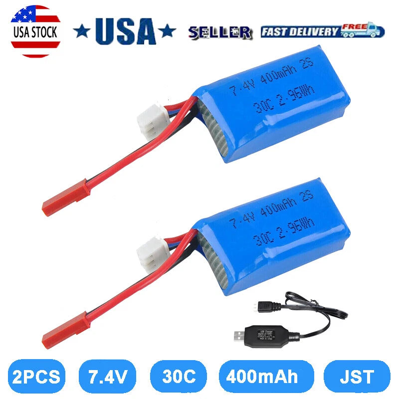 2 PACK 7.4V 400mAh 2S  LiPo Battery Pack JST Plug for Micro FPV Drone Quadcopter
