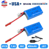 2 PACK 7.4V 400mAh 2S  LiPo Battery Pack JST Plug for Micro FPV Drone Quadcopter