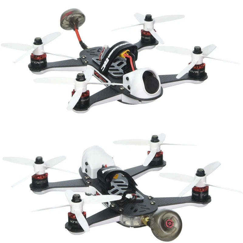 White mini quadcopter racing drone with four propellers and gray frame