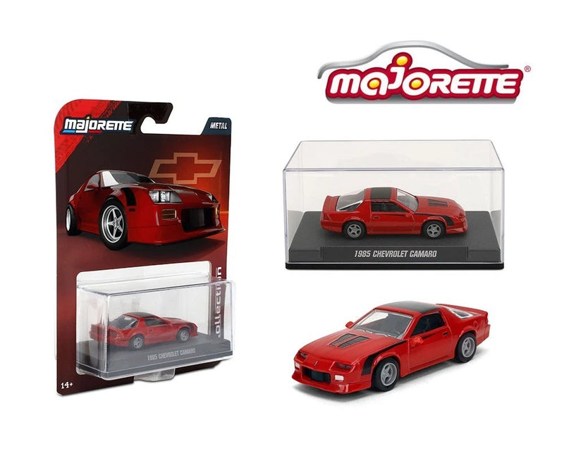 Majorette 1:64 red 1985 Chevrolet Camaro die-cast model in retail blister box