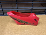 RC helicopter canopy, red plastic shell with HMX logo and black side decal