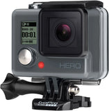 GoPro HERO action camera in clear protective housing with lens and mounting base