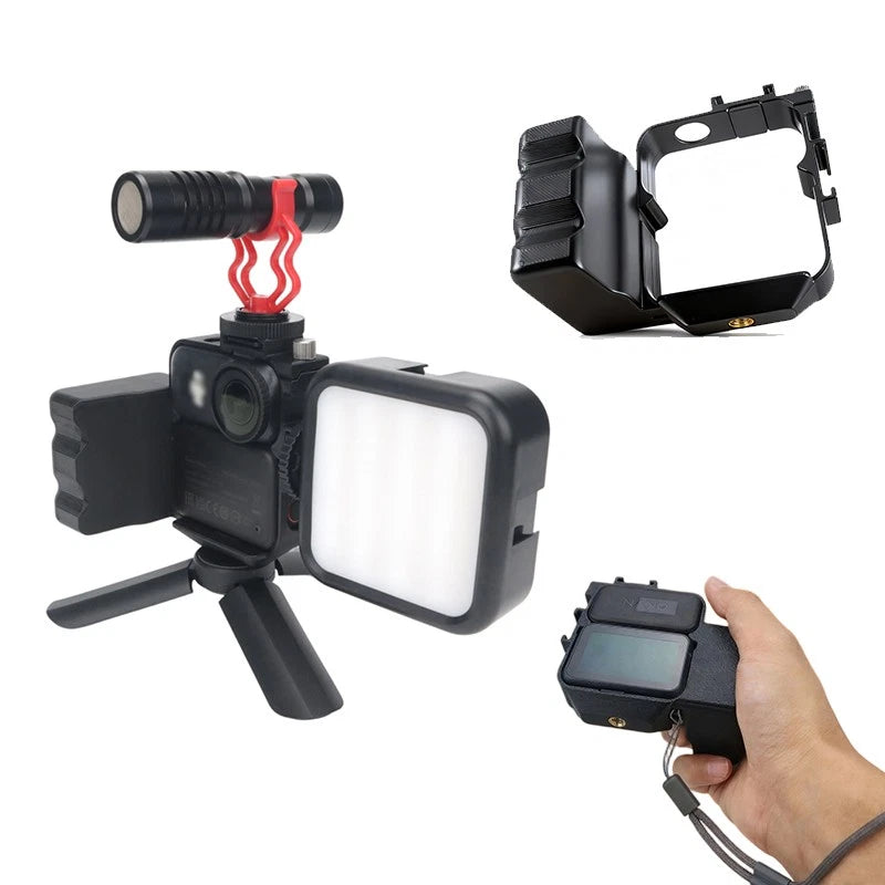Black handheld camera case grip with side handle and mount for action camera