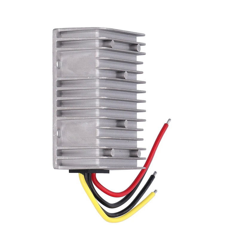 DC-DC converter module with metal heat sink and red, black, yellow power leads