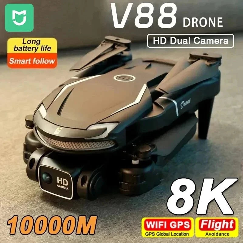 Professional drone with dual HD camera, black and teal body, propellers and landing legs.