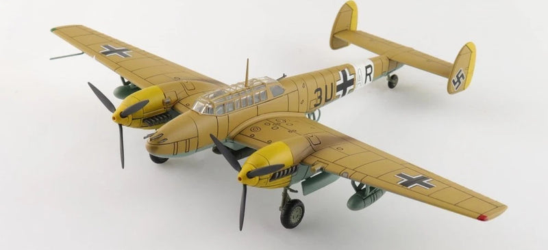 Weathered 1:72 Messerschmitt BF110E-2 Trop twin-engine model plane, yellow markings